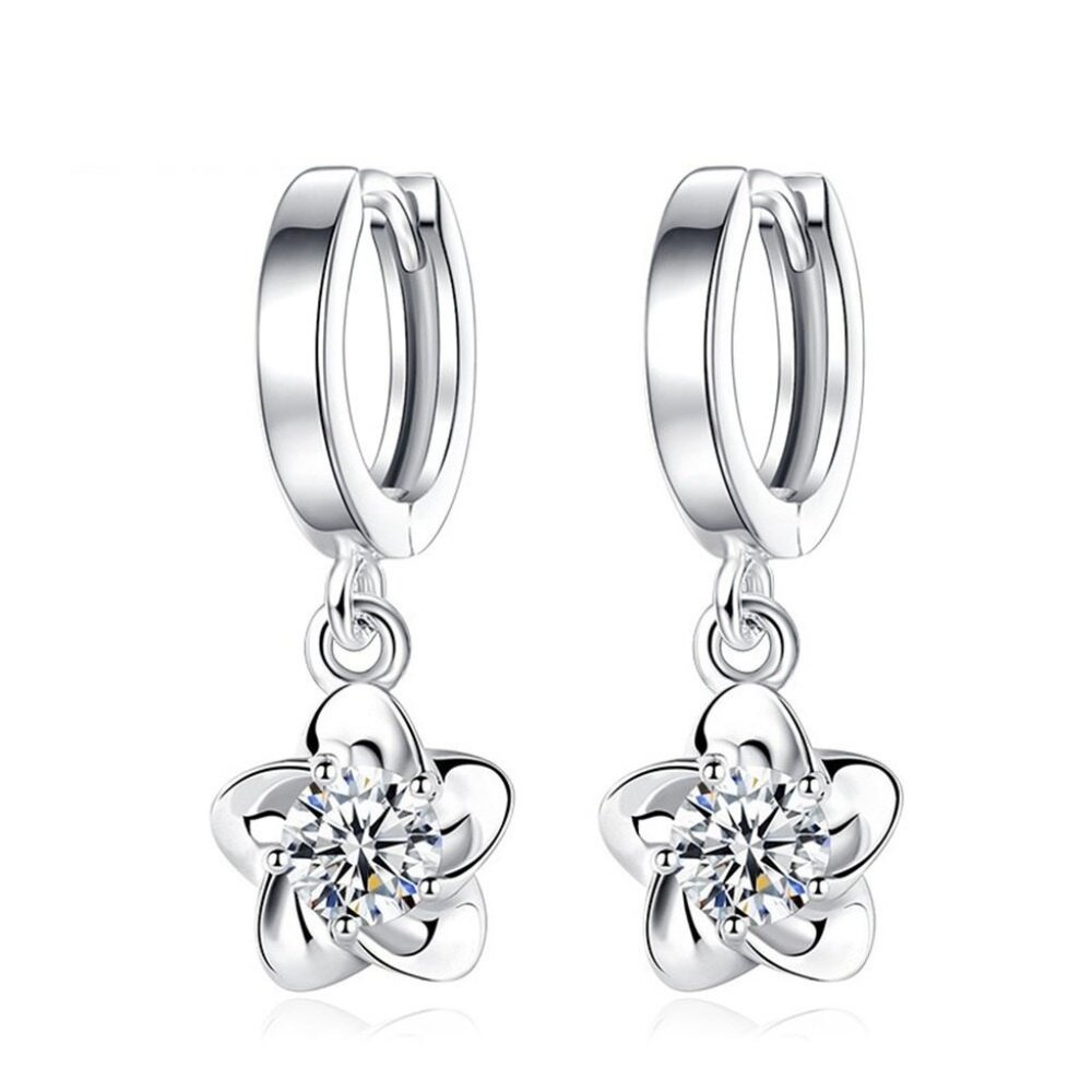 Flower Drop Necklace Earrings 925 Sterling Silver Set Gift Minimalist - Picture 3 of 4